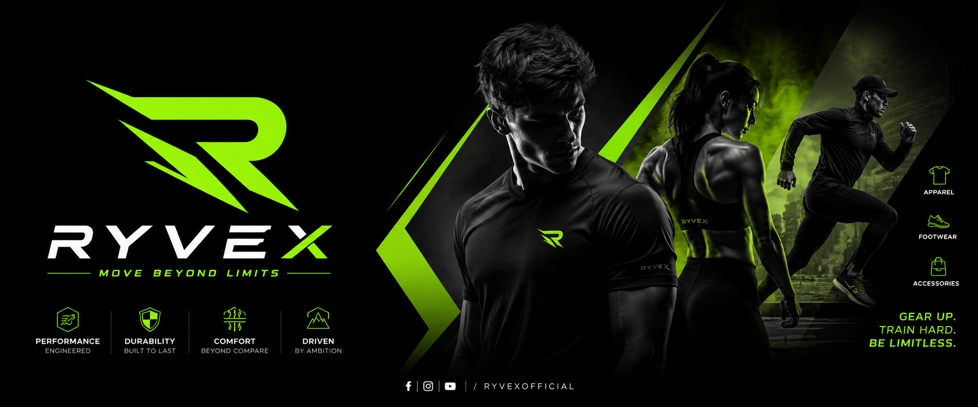 RYVEX athletes wearing premium black and electric green performance sportswear